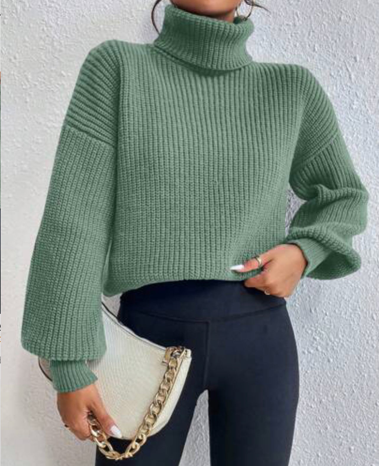 ST092 - Suéter De Manga Larga Con Cuello Alto Y Hombros Caídos Para Mujer