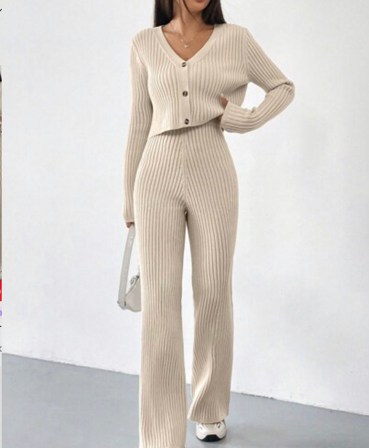 ST505 Suéter De Punto Acanalado Y Pantalones De Punto Kaki