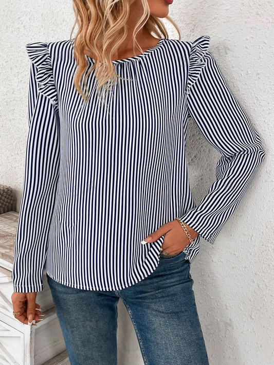 M577 - Blusa con estampado de rayas con botón trasero ribete con fruncido