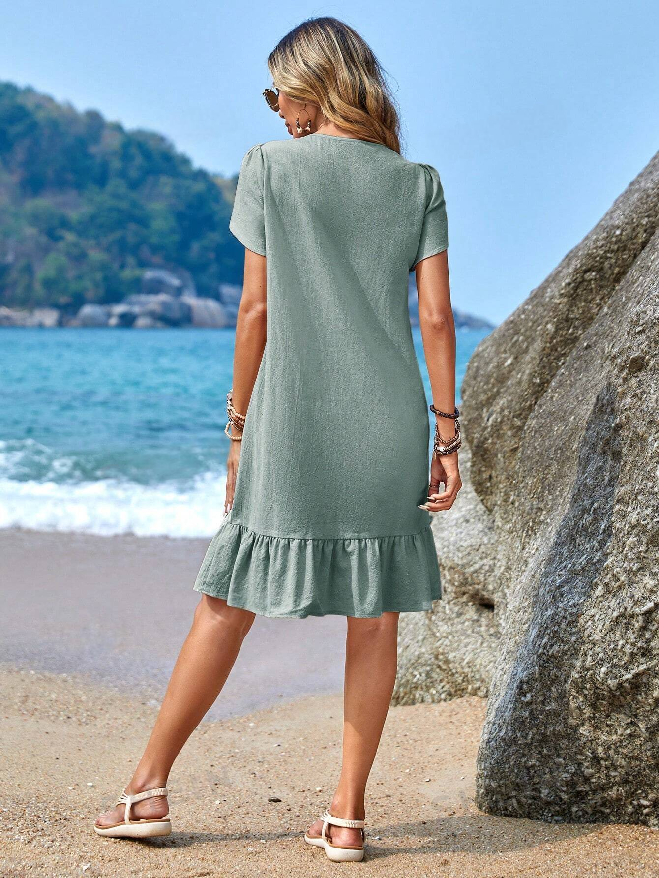 ST00017 Vestido Redondo De Cuello Con Manga De Pétalo De Fondo De Hoja De Loto Azul Menta De Primavera Para Mujeres