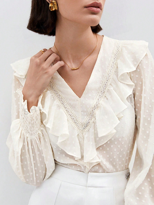 ST0043 Blusa De Manga Larga Con Dobladillo De Volantes Y Bloque De Color Para Mujer