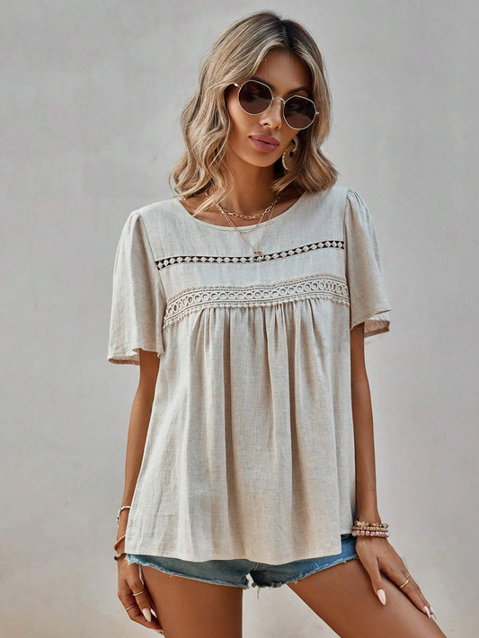 ST1201 - Blusa de ajuste holgado para vacaciones bohemias con decoración de encaje, estilo campestre de mezcla de lino, blusa de verano, manga corta, tejido cómodo