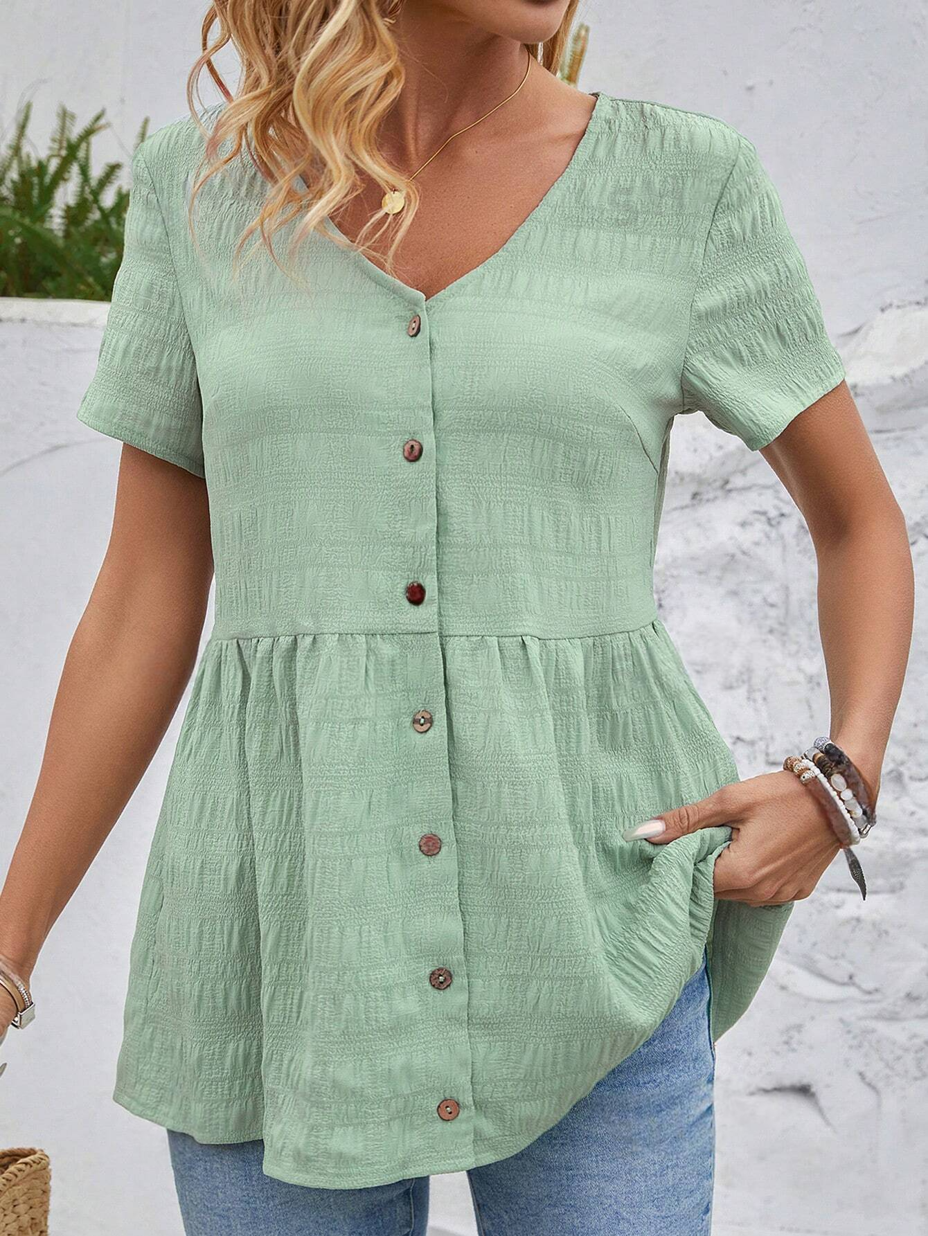 ST1423 - Blusa De Verano De Mujer Con Volantes Y Botones En La Parte Delantera