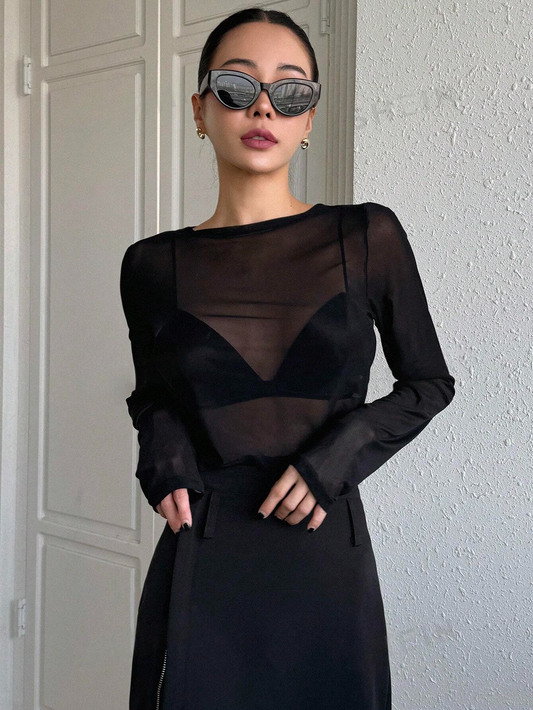 K13975 - Top De Manga Larga Con Cuello Redondo De Malla De Color Sólido