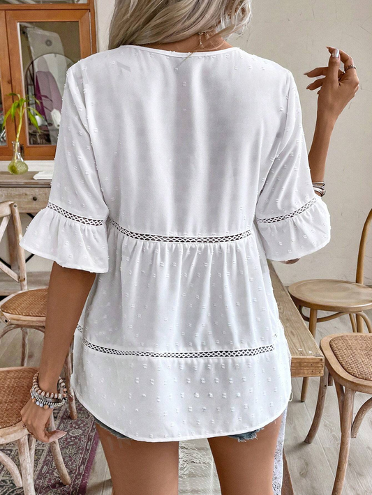 ST0609 . Blusa De Manga Acampanada Con Cuello Redondeado Y Dobladillo Con Volantes Para Mujeres, Blusa Blanca, Esencial Blanco, Vestimenta De Verano, Esencial Para La Temporada De Bodas, Estilo Cottagecore