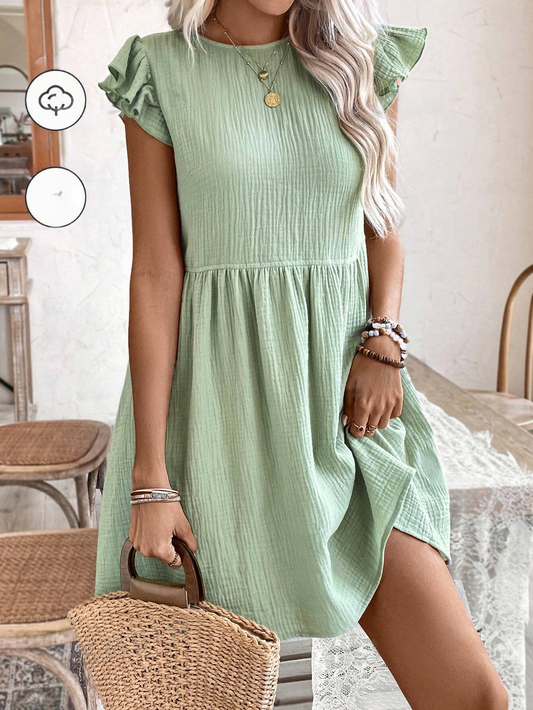 ST1218 - Vestido con cierre de botones en la espalda de manga corta con volantes, vestido de algodón, tela de algodón transpirable y cómoda, vestido verde, tapeta con botones de madera en la espalda, vestido con manga de volantes, vestidos de mujer para b