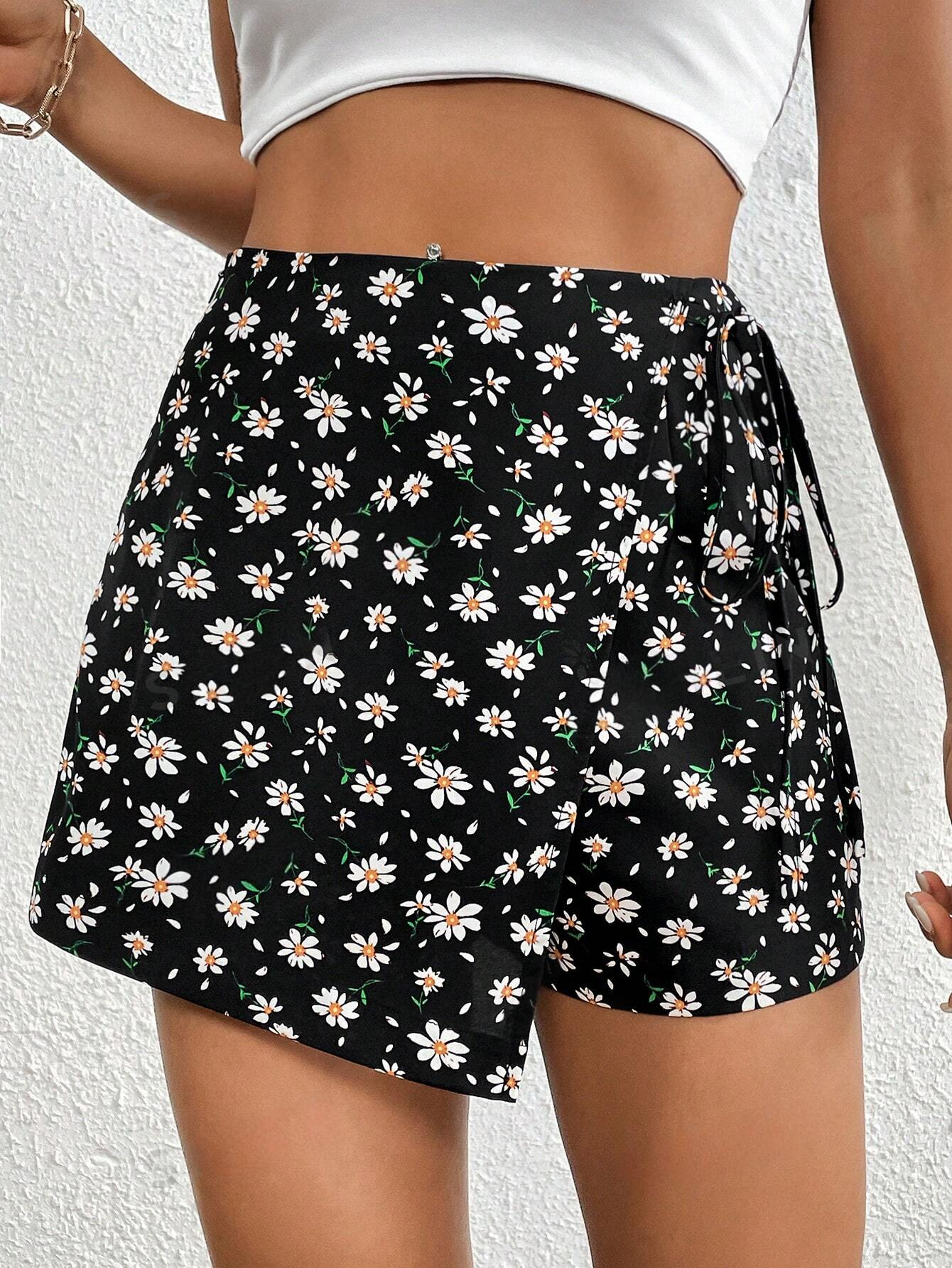 ST1206 - Falda Corta Envuelta Con Lazo Y Estampado Floral Pequeño