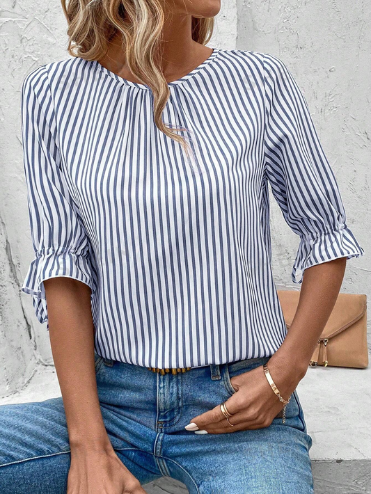 M505 - Camisa de verano para mujeres con rayas verticales, cuello redondo y bajo irregular