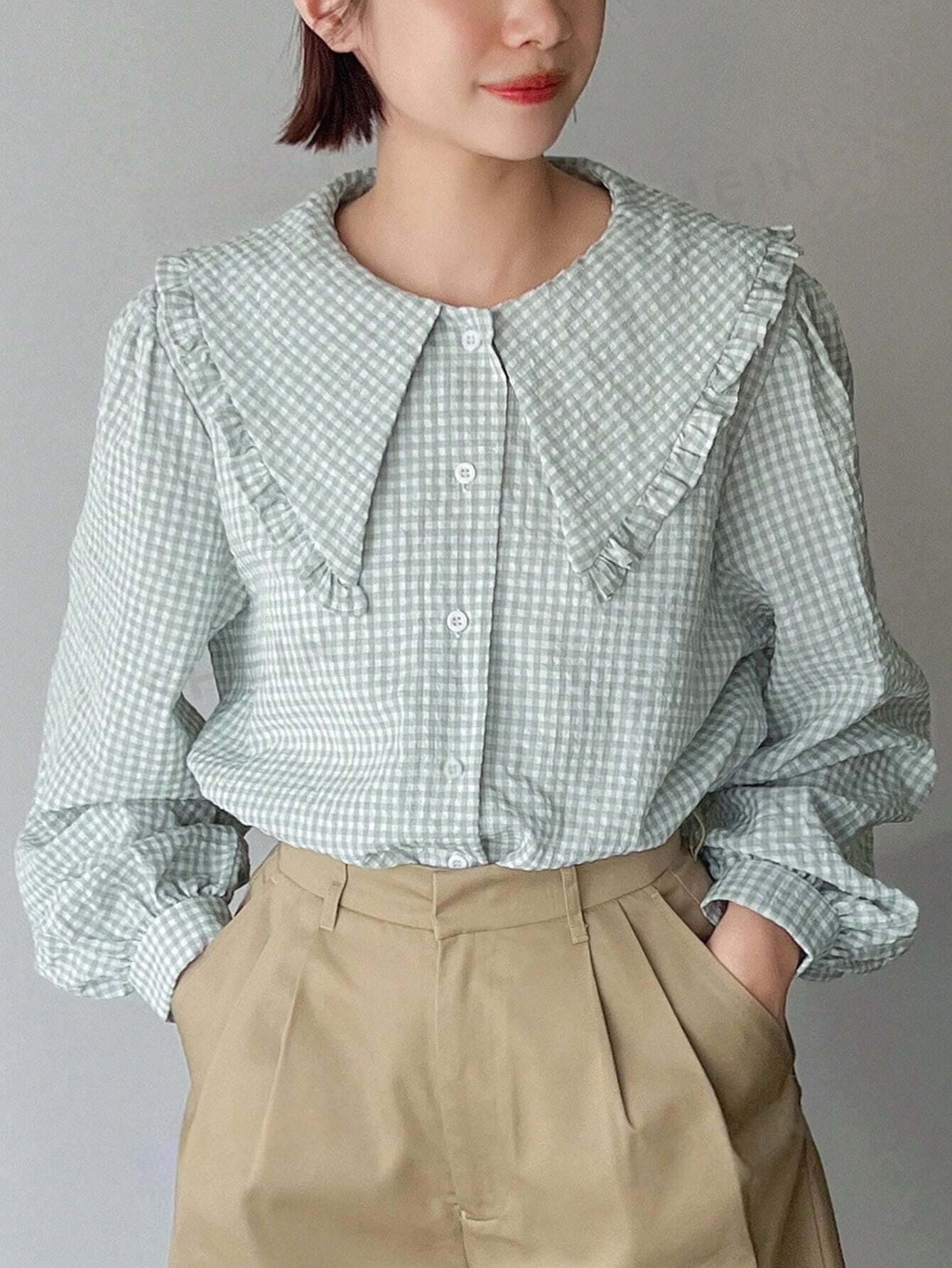 ST1232 - Camisa de Patrón de Cuadros Decorada con Volantes para Mujer, Simple y Fresca