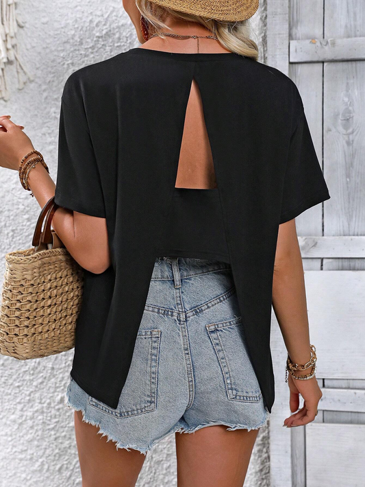 ST0020 camiseta de manga corta con cuello redondo y ajuste holgado con abertura en la espalda