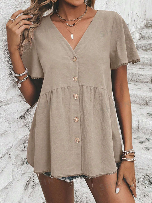 M0302 - Camisa para mujer de unicolor con cuello en V, botones delanteros y manga corta para ocio de verano