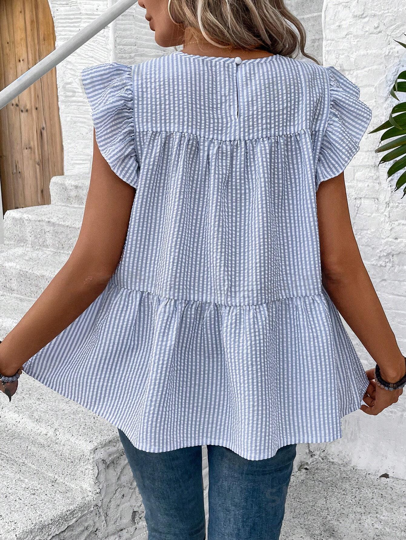 ST0051 Camisa de manga abullonada y cuello redondo para mujer con dobladillo con volantes, parte superior estilo muñeca casual de rayas azules y blancas para vacaciones de verano