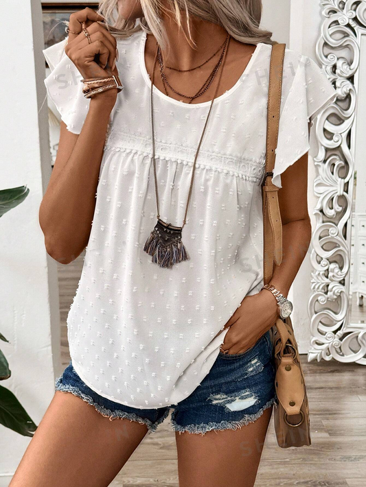 M423 Blusa estilo babydoll bordada con lunares con detalles de encaje y mangas abullonadas para mujeres, verano