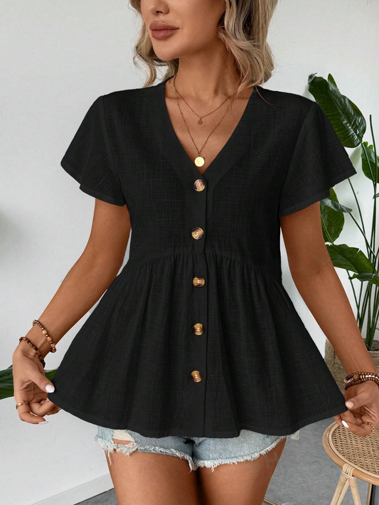 M4563 - Camisa casual de estilo veraniego para mujer con cuello en V, dobladillo con volantes, mangas acampanadas fruncidas estilo babydoll y diseño de línea A, para vacaciones y días libres, camisa de botones de algodón puro