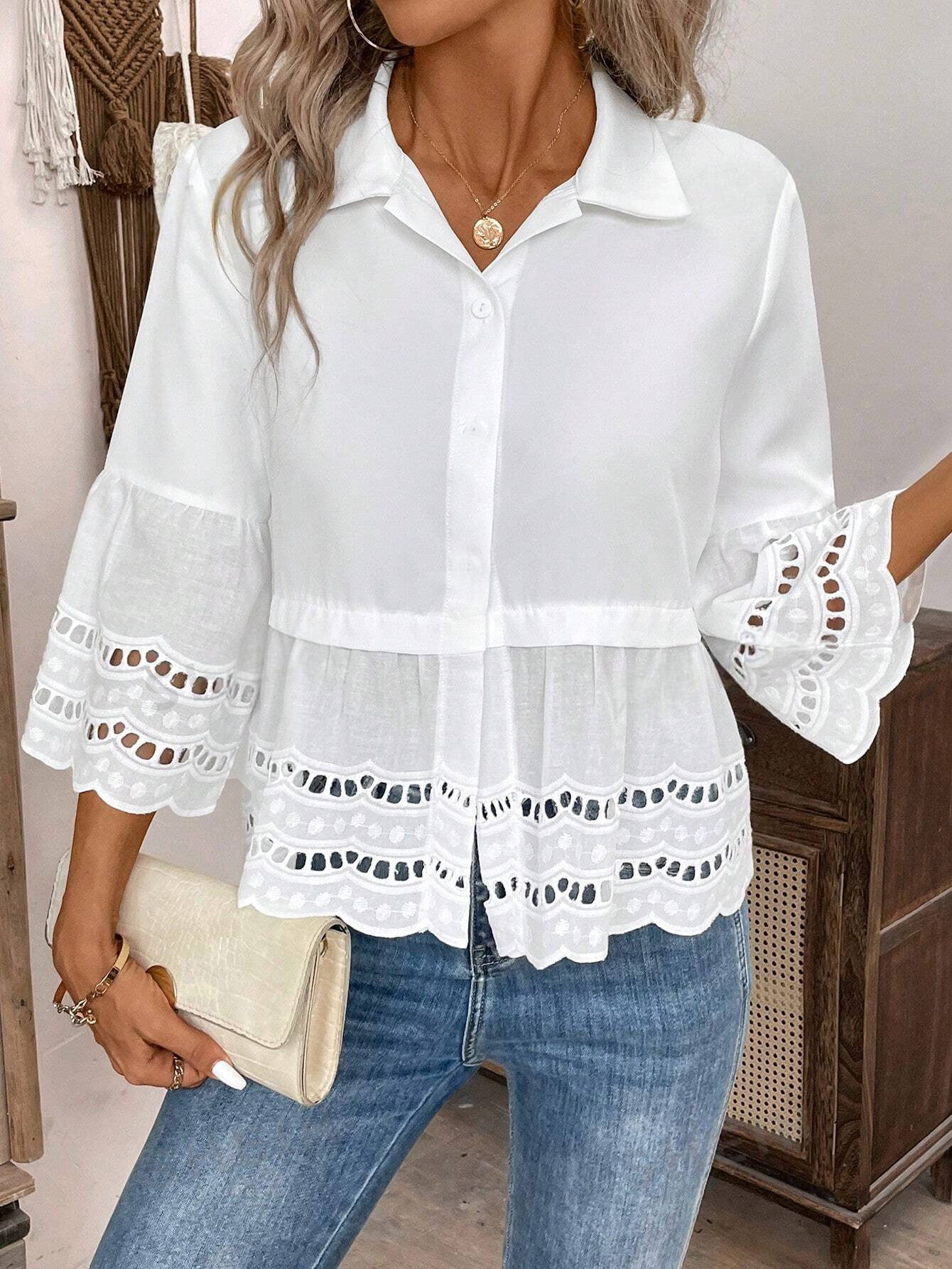 ST416 Camisa casual floja con manga de campana, bordado floral agotado y unicolor para mujer en vacaciones de primavera/verano