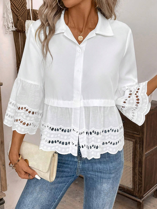 ST416 Camisa casual floja con manga de campana, bordado floral agotado y unicolor para mujer en vacaciones de primavera/verano