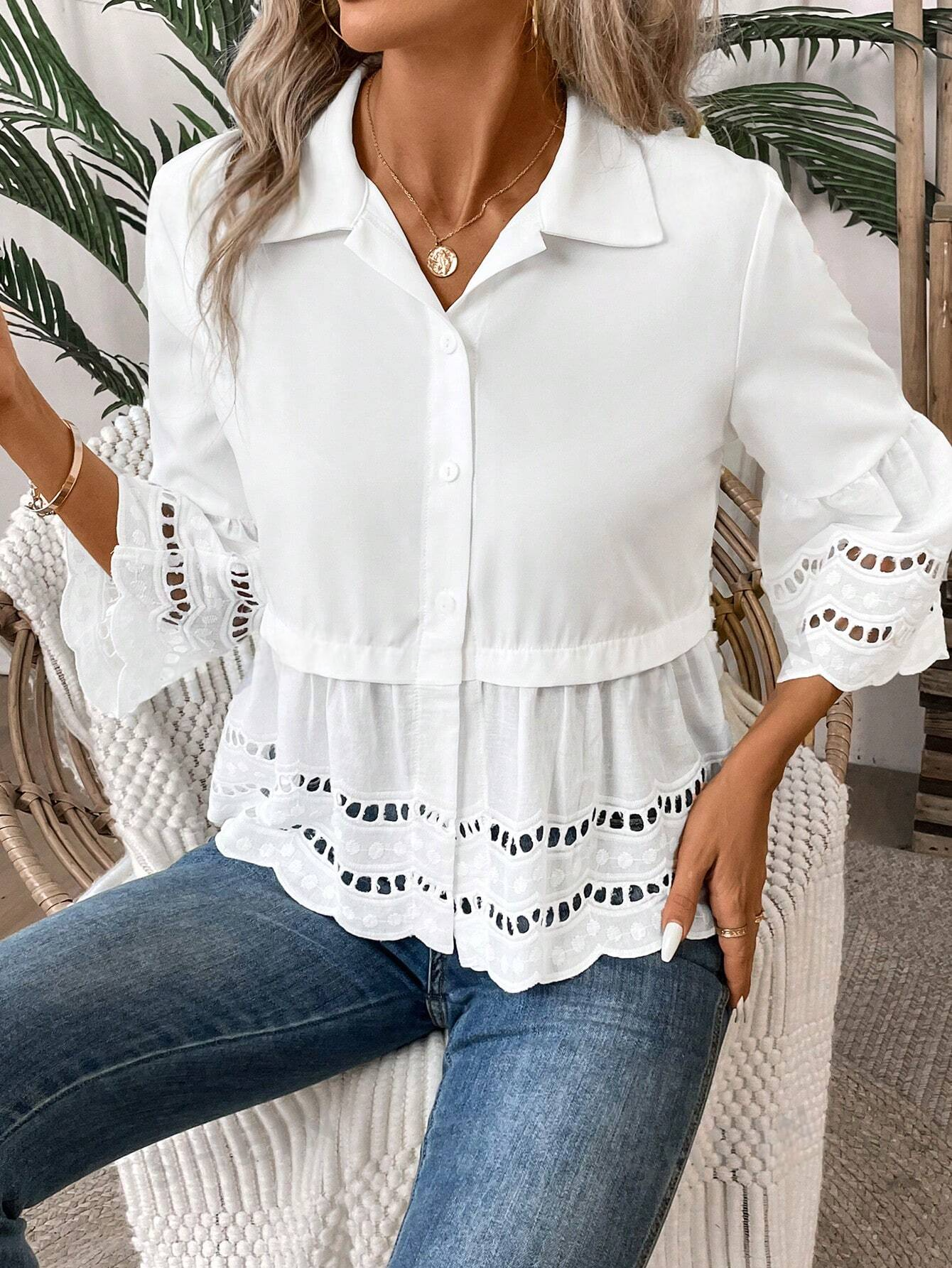 ST416 Camisa casual floja con manga de campana, bordado floral agotado y unicolor para mujer en vacaciones de primavera/verano