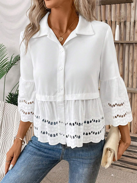M416 Camisa casual floja con manga de campana, bordado floral agotado y unicolor para mujer en vacaciones de primavera/verano