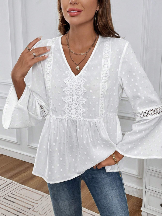 M0707 - Blusa blanca de manga larga con Cuello en V y dobladillo de encaje, versátil