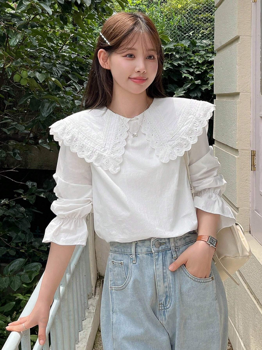 M00035 Blusa de mangas largas con borde de concha de parche de malla de unicolor, para uso casual diario
