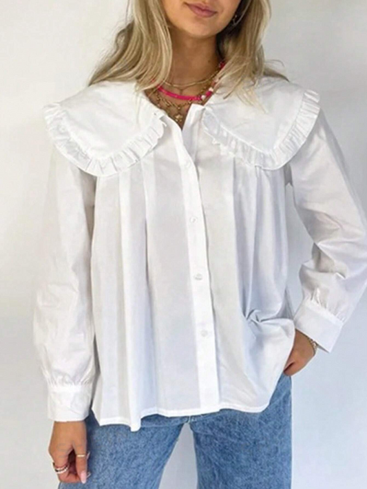 K0703 -  Blusa casual plisada de unicolor con cuello de Peter Pan para mujer
