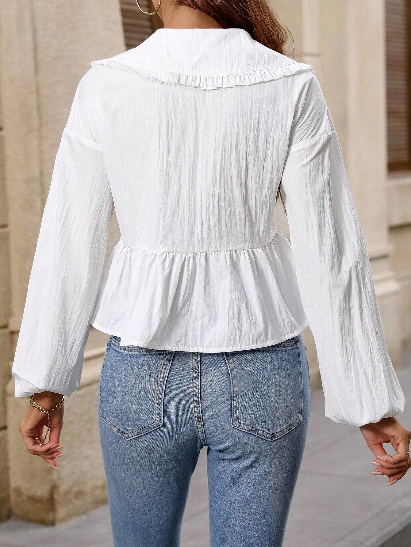 K1317 - Blusa de manga larga blanca con cuello abullonado, lazo delantero, otoño