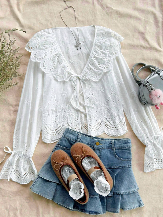 M0041 Blusa romántica con cuello de volantes bordados, textura, de estilo ballet, informal/vacacional, con lazo delantero para mujeres