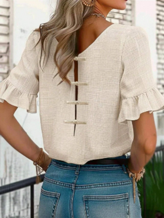 ST0016 Camisa casual con cuello en V y botones en la espalda