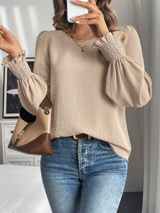 M0004 Blusa de cuello redondo de unicolor con mangas de campana con volantes, primavera/verano