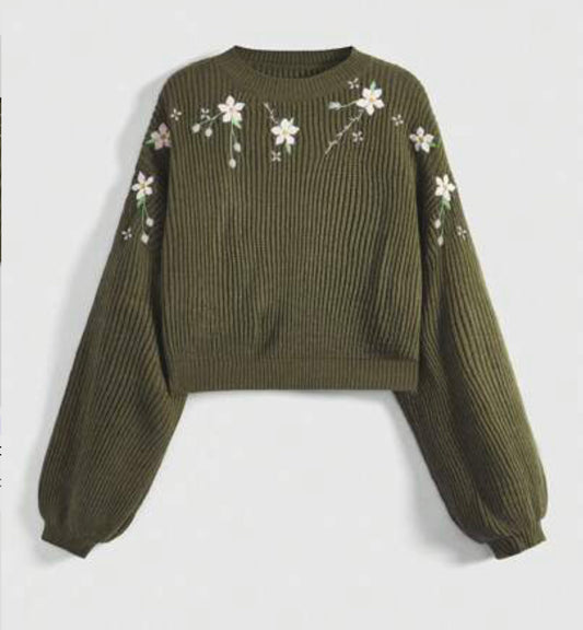 ST360 Jersey De Cuello Redondo Con Diseño De Flores Bordadas Estilo Campestre Y Mangas De Linterna