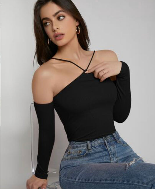 ST1232 - Camiseta tejida de canalé de hombros descubiertos halter