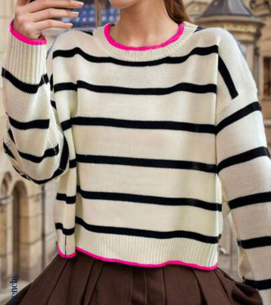 ST163 - Sudadera De Manga Larga Con Rayas Para Mujeres, Hombro Caído