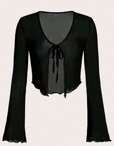 K1071 - Top de malla con mangas acampanadas, abertura frontal con nudo