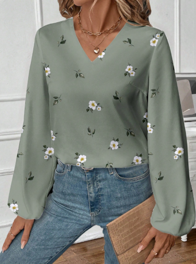 K15893 - Camisa casual de mujer con cuello en V y estampado floral de manga larga