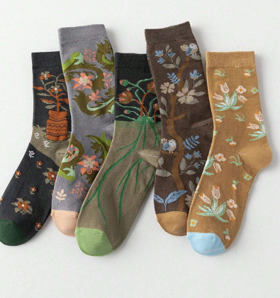 K1740 - 5 pares de calcetines de media caña de mujer con estampado de flores y pintura artística vintage