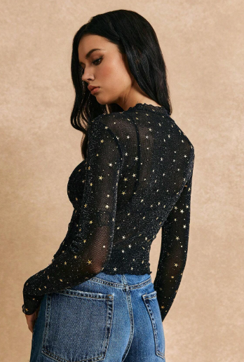 K1010 -  Top De Manga Murciélago De Tejido De Malla Transparente Sólido