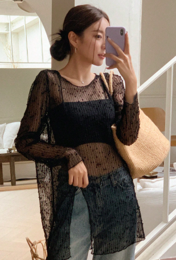 K1270 -  Top transparente de malla de un solo color sin camiseta interio