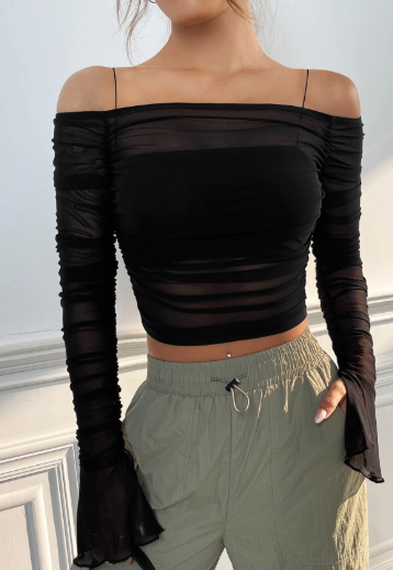 K4965 - Top de malla con volantes en los hombros, mangas y plisado, sin camiseta interio