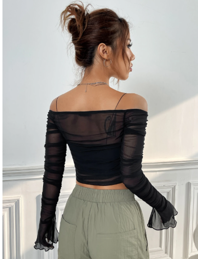 K4965 - Top de malla con volantes en los hombros, mangas y plisado, sin camiseta interio