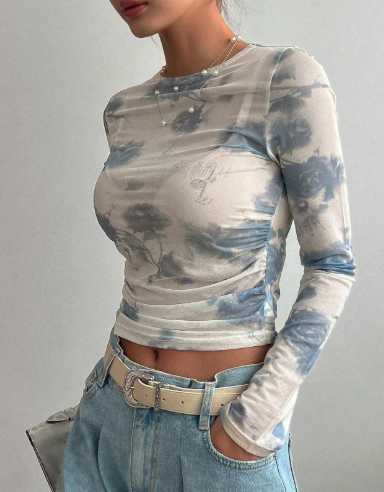 K4966 - Top corto de gasa con pliegues laterales y estampado floral, sin sujetador, para festivales