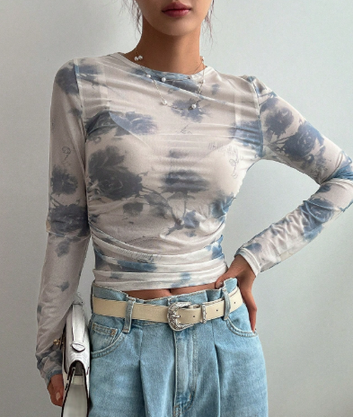 K4966 - Top corto de gasa con pliegues laterales y estampado floral, sin sujetador, para festivales