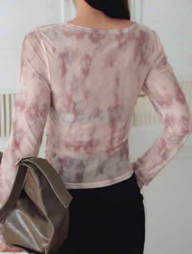 K4967 - Blusa de manga larga holgada con efecto tie-dye degradado y malla transparente, corte slim, para primavera/verano