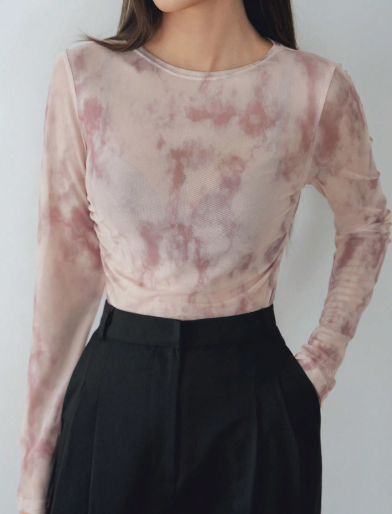 K4967 - Blusa de manga larga holgada con efecto tie-dye degradado y malla transparente, corte slim, para primavera/verano