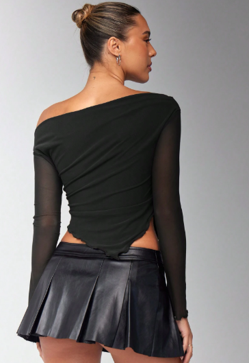 K1323 - camiseta larga de manga larga de punto de malla con hombros oblicuos, fruncido