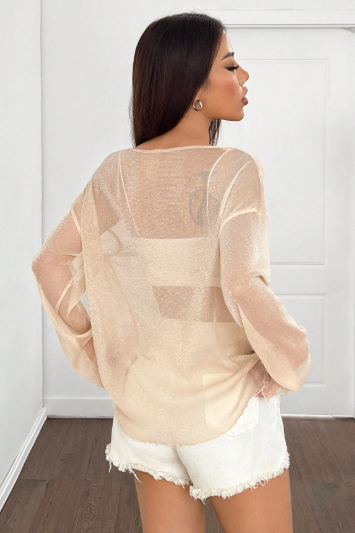 K1072 - Blusa holgada de malla transparente en beige para mujer