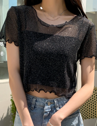 K0102 -Parte superior transparente de malla con detalle de volantes, sin camiseta incorporada