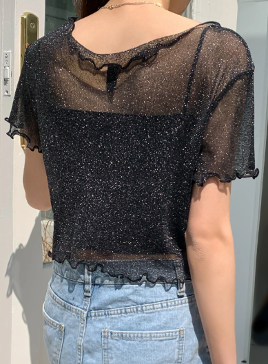 K0102 -Parte superior transparente de malla con detalle de volantes, sin camiseta incorporada