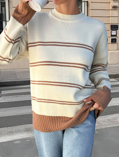 K1095 - Blusa casual de mujer con cuello redondo y manga larga a rayas