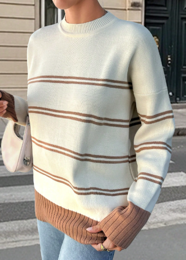 K1095 - Blusa casual de mujer con cuello redondo y manga larga a rayas