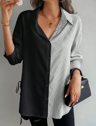 K0021 - Blusa casual de mujer con bloques de color y rayas, bajo asimétrico, camisa de mujer para primavera/otoñ